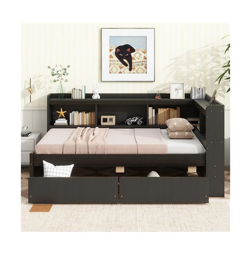 Cesicia Twin L-Shaped Bookcase Bed 2 Storage Drawers, Space-Saving Study