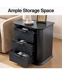 Cesicia Wood 22 in. Fluted Nightstand with Charging Station and 3 Drawer Dresser, Modern End Table for Living Room, Bedroom, Home Office