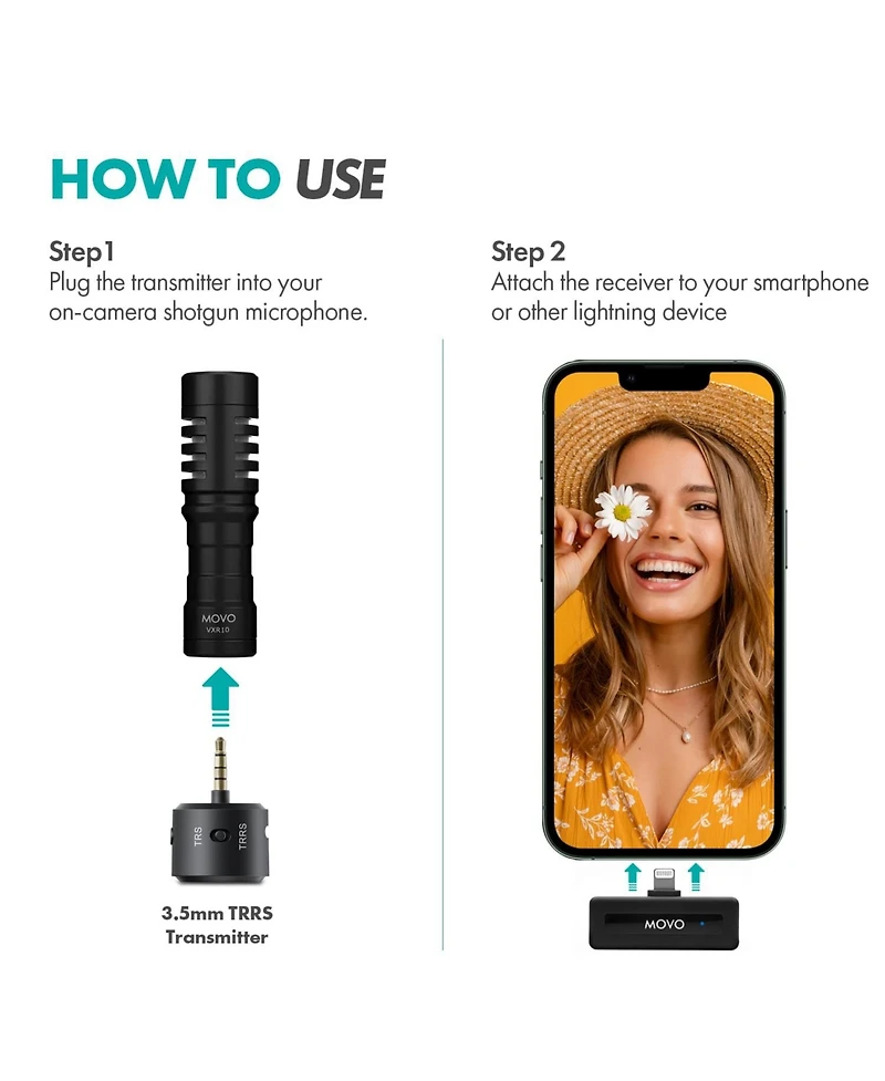 Movo Wm-VXR10 Wireless Shotgun Mic Adapter for iPhone/Lightning Devices