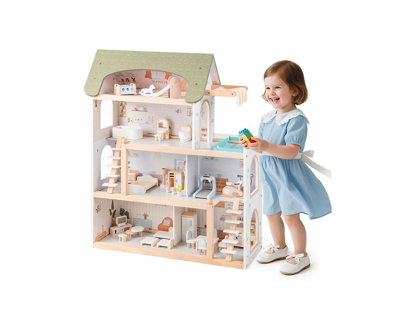 Slickblue Wooden Dollhouse Playset for Kids with 33 Furniture Pieces