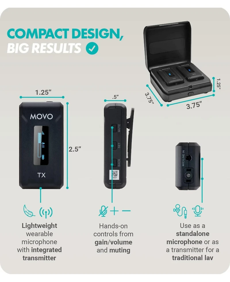 Movo Wmx-2 Wireless Lavalier Microphone System with Charging Case for Cameras