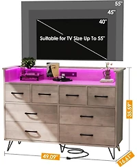 gaomon Mdf, Metal Led Light & Charging Station, Wooden Chest, Open Shelf 8-Drawer Modern Dresser