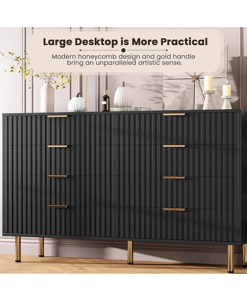 gaomon 8-Drawer Modern Fluted Black Dresser, 55 Inch Wide Chest, Deep Drawers, Wooden Organizer for Bedroom, Living Room, Kids Room