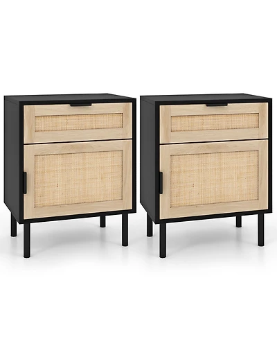 sumyeg Rattan Nightstand Set of 2 with Drawer and Cabinet