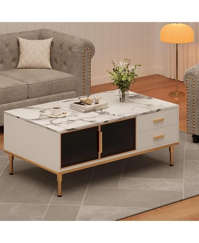 gaomon Coffee Table, Modern Coffee Table for Living Room with 4 Drawers, Glass-Front Cabinets, Faux Marble Fluted Panel Design