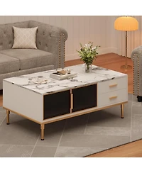 gaomon Coffee Table, Modern Coffee Table for Living Room with 4 Drawers, Glass-Front Cabinets, Faux Marble Fluted Panel Design