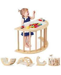 Hongge 6 in 1 Wooden Kids Climbing Arch Playset with Rocker Ladder Sensory Table and Cushion