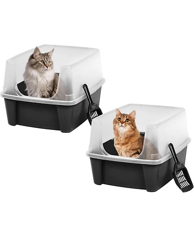 Iris Usa 2 Pack Large Cat Litter Boxes with Scatter Shield and Scoop, Open Top High Sided Cat Litter Pan, Black