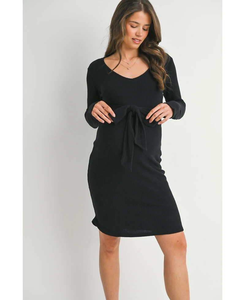 Hello Miz Maternity Ribbed Knit Tie-Front V Neck Dress