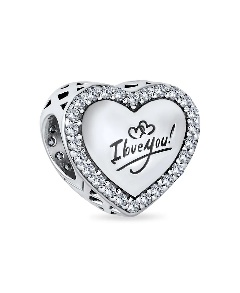 Bling Jewelry Set of 2 Words "I Love You" Crystal Accent Edge Love Heart Shape & Clear Cz Flower Shape Charm Bead Oxidized .925 Sterling Silver