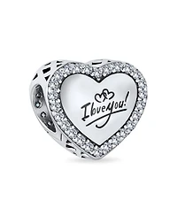 Bling Jewelry Set of 2 Words "I Love You" Crystal Accent Edge Love Heart Shape & Clear Cz Flower Shape Charm Bead Oxidized .925 Sterling Silver