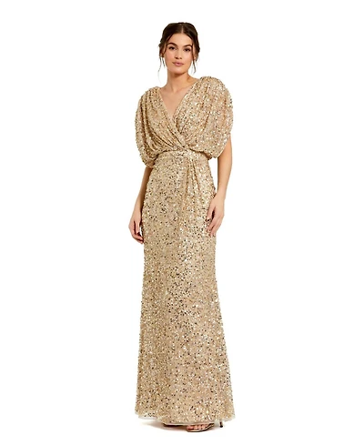 Mac Duggal Women's Draped Sleeve V Neck Gown