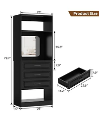 Aheaplus Mdf, Metal, Glass Freestanding Closet System with 3 Drawers, 25'' Drawer Organizer Mirror and Storage Shelves