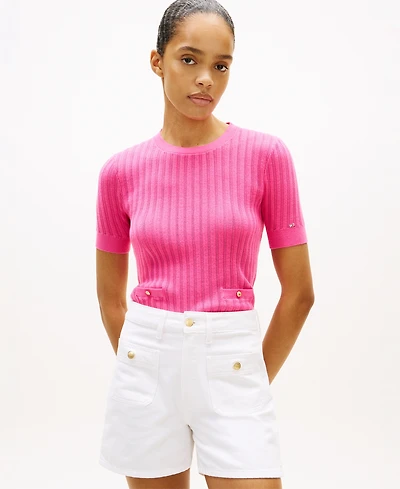 Tommy Hilfiger Women's Pointelle Ribbed Short-Sleeve Sweater