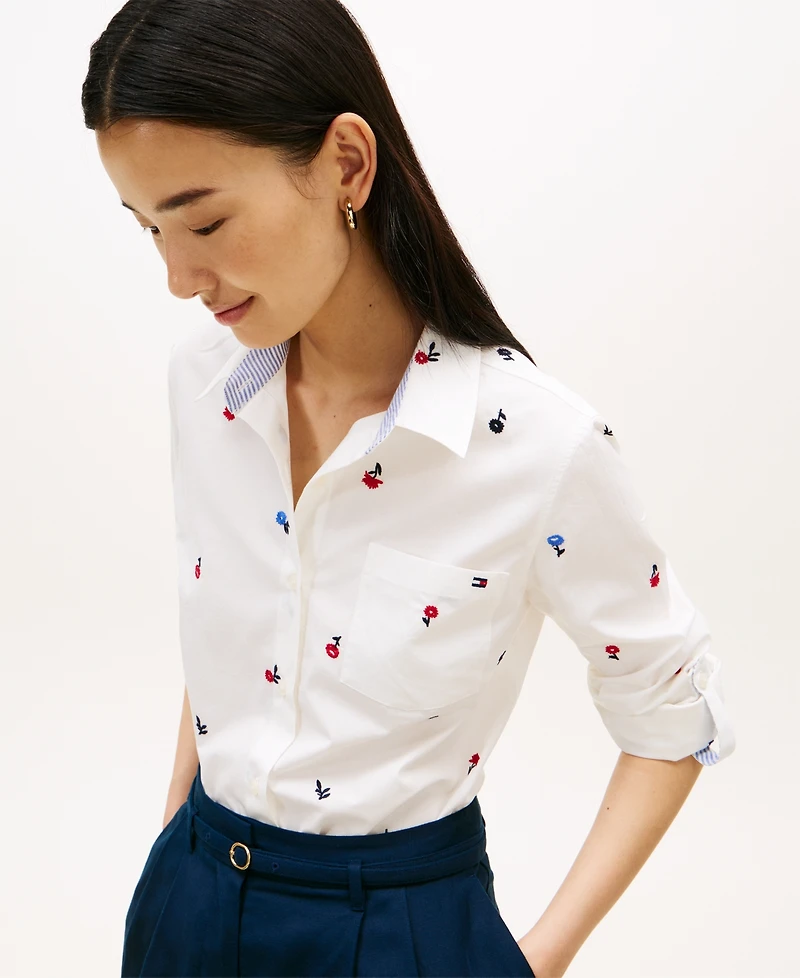 Tommy Hilfiger Women's Printed Roll-Tab Collared Shirt