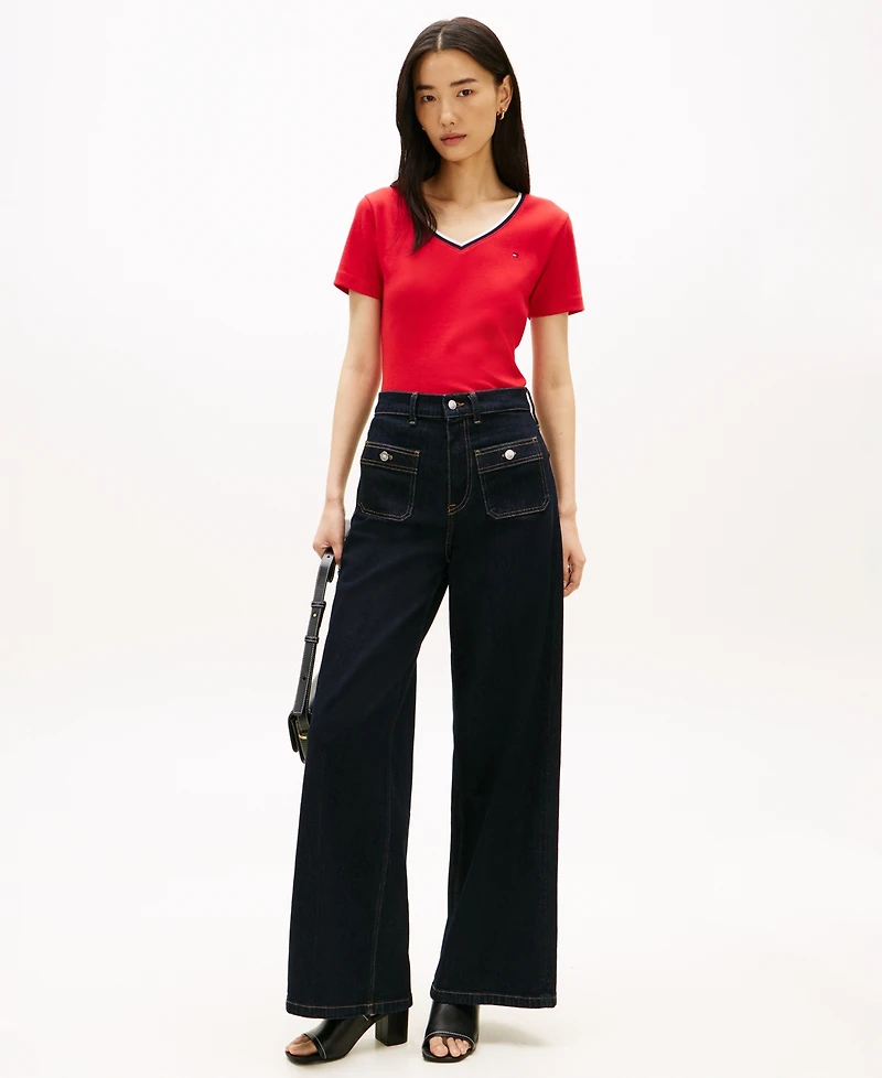 Tommy Hilfiger Women's Stripe Slim V-Neck Short-Sleeve T-Shirt