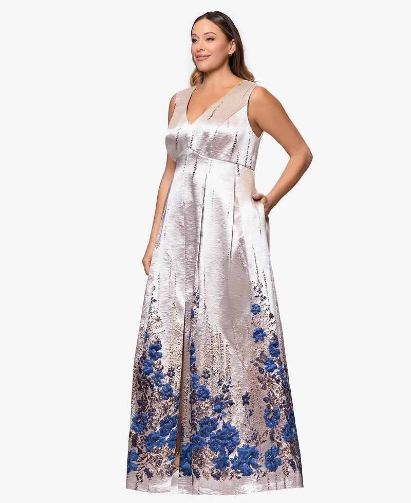 Betsy & Adam Plus Jacquard Print V-Neck Gown