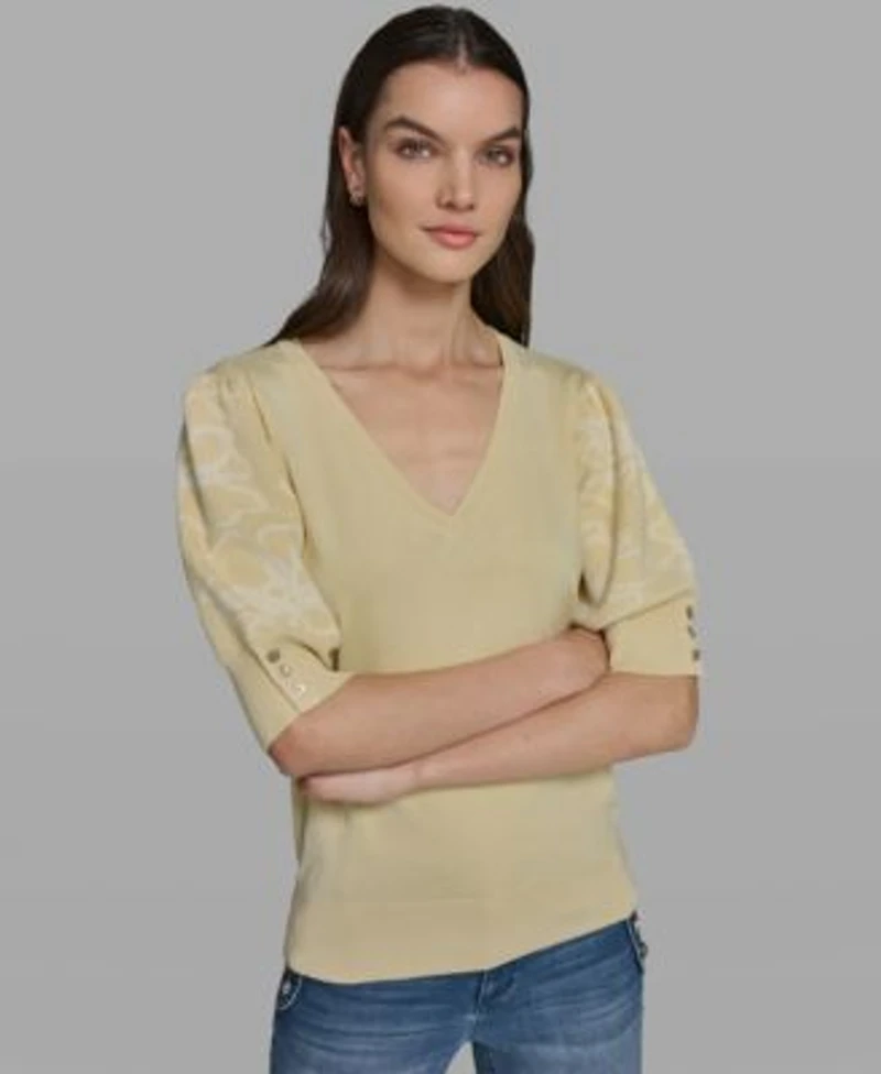 Karl Lagerfeld Paris Womens V Neck Floral Embroidered Short Sleeve Sweater