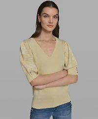 Karl Lagerfeld Paris Womens V Neck Floral Embroidered Short Sleeve Sweater