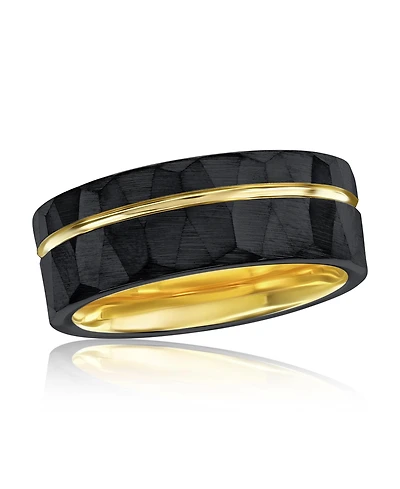 Matte Black & Gold Lined Faceted Tungsten Ring