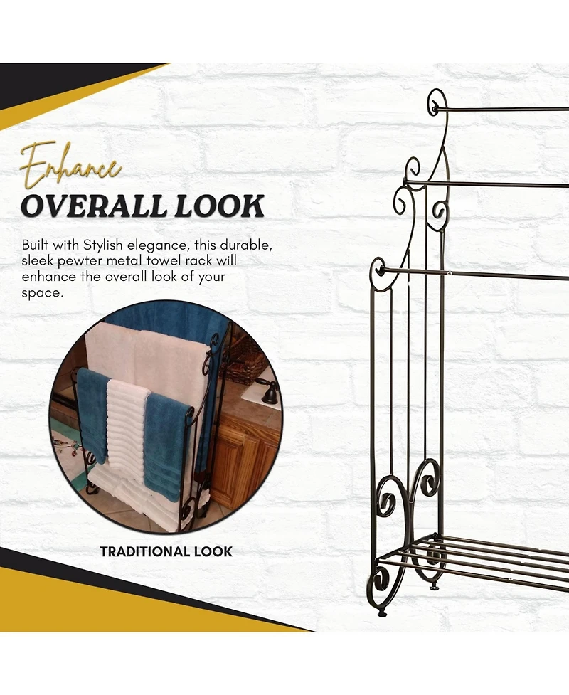 Kings Brand Furniture Pewter Metal Towel Racks for Bathroom with Shelf - 3 Long, Sturdy, Versatile & Modern Towel Rack with Storage Shelf
