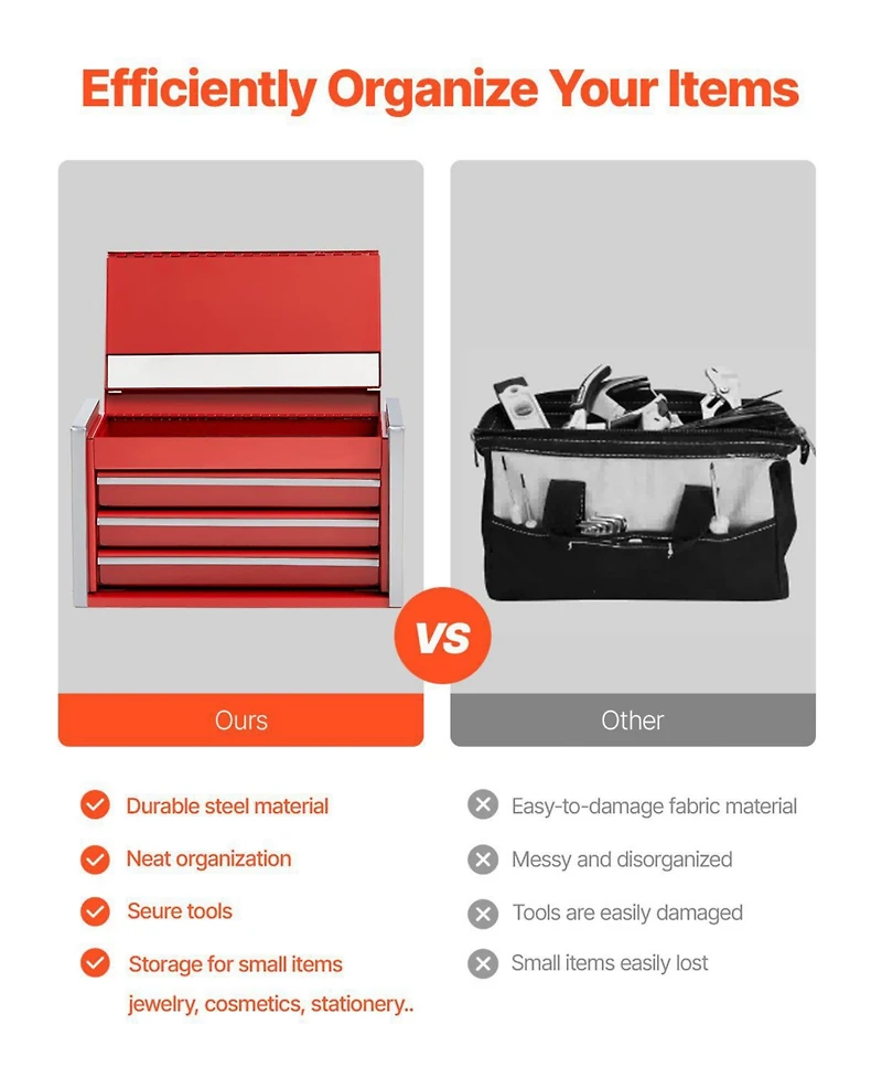 Mecale Metal Tool Box, 8.6", Portable 3-Drawer Tool Chest, Eva Liners, Pp Feet, Ball-Bearing Slides, Powder-Coat, Red