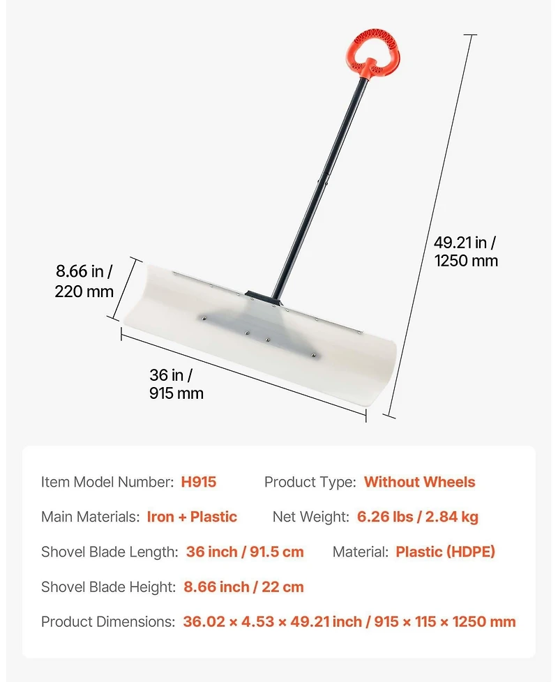 Mecale Snow Pusher Shovel, 36", Hdpe Blade w/ Metal Edge, Segmented Handle, Ergonomic Grip, Driveway/Garden