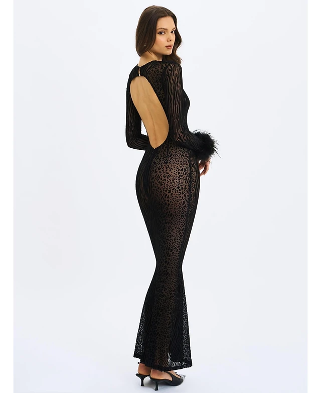patricia burgundy leopard burnout velvet mesh backless maxi dress Miss Circle Women's Black at Foxvalley Mall in Aurora, IL Formal dress