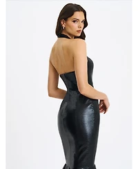 Miss Circle Women's Gardenia Black Leather Midi Sweetheart Halter Flared Dress