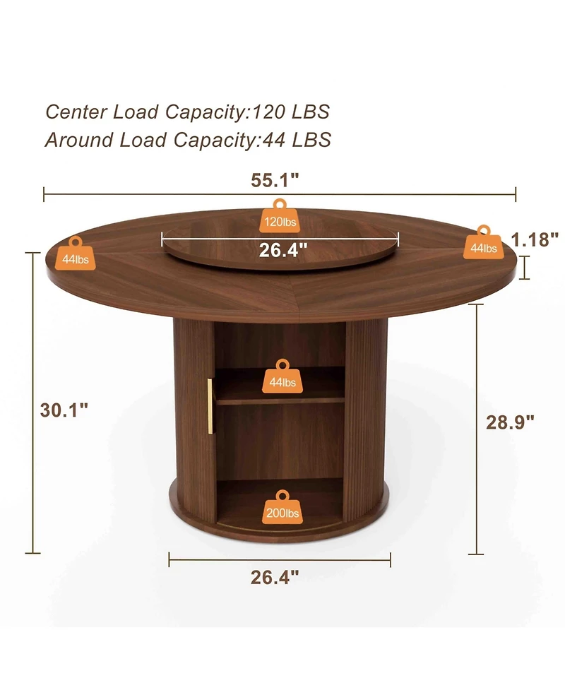 55-Inch Round Dining Table for Six with Double-Tiered Storage Rack and Rotating Top