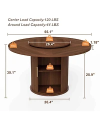 55-Inch Round Dining Table for Six with Double-Tiered Storage Rack and Rotating Top