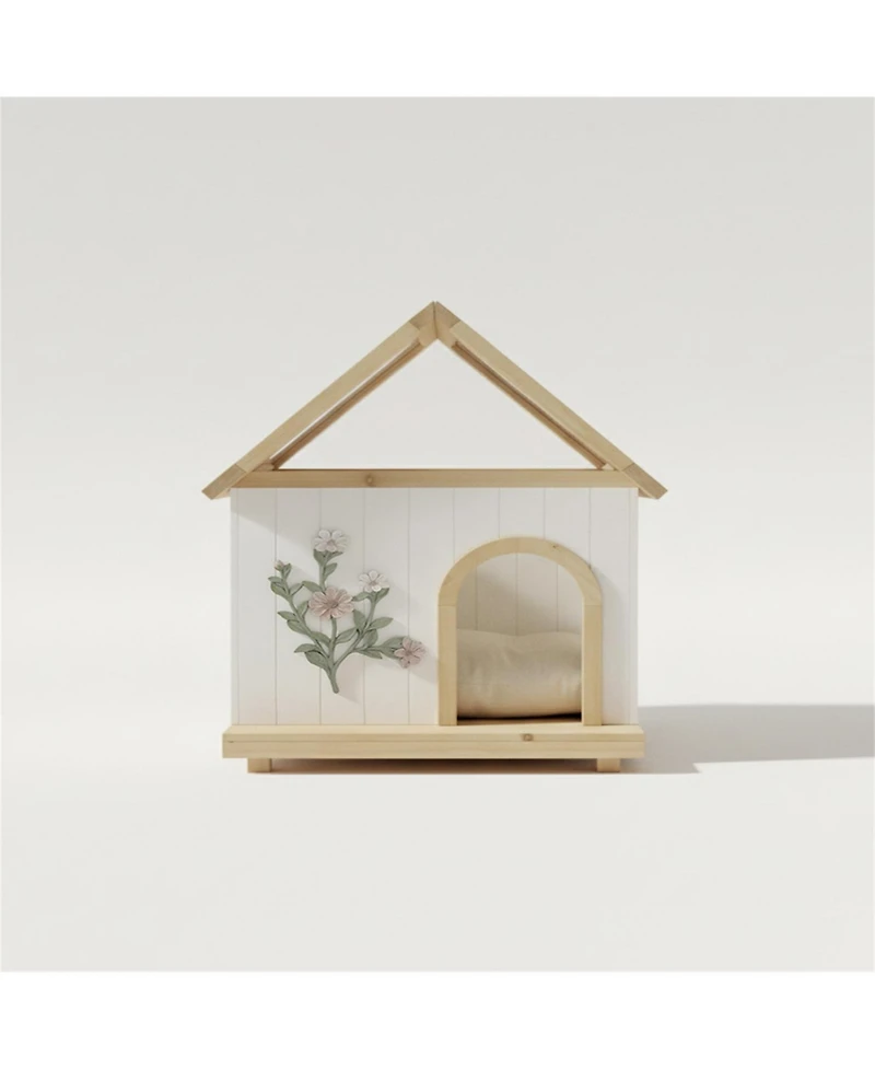 Aostirmotor Cat House with Floral Carving for Cats & Small Dogs in Natural