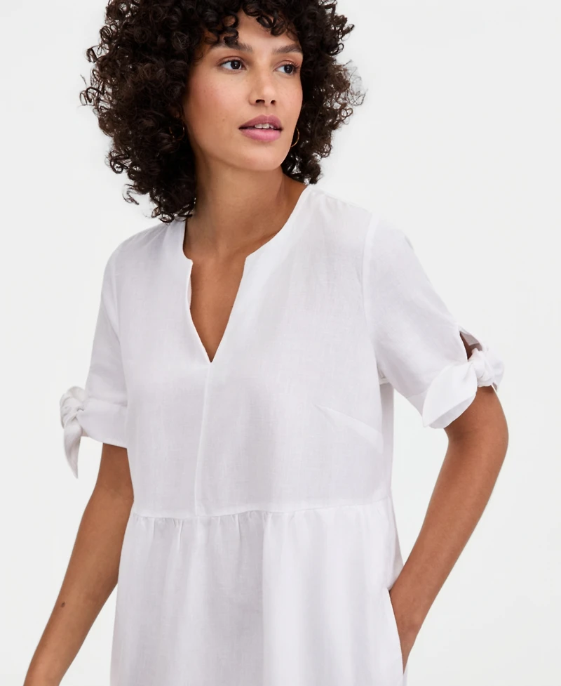 Charter Club Women's 100% Linen Tie-Sleeve Tiered Midi Dress, Created for Macy's