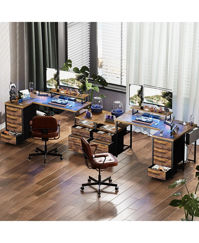 Aheaplus Reversible L Shaped Desk with 6 Drawers, 70.8'' Large Computer Outlets, Monitor Stand & Cpu