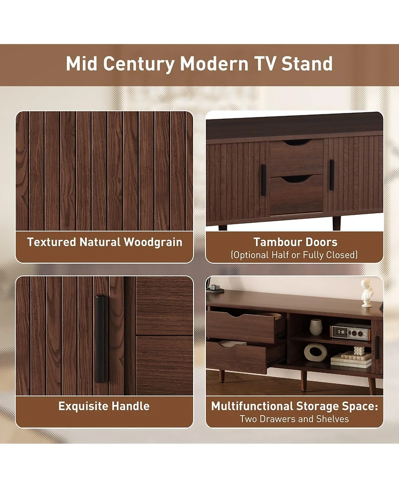 Boyel Living 70 Inch Mid Century Modern Tv Stand with Tambour Doors and Power Outlet for TVs Up to 80 Inches