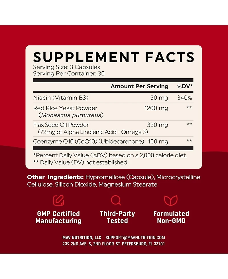Mav Nutrition Red Yeast Rice Capsules, 90ct