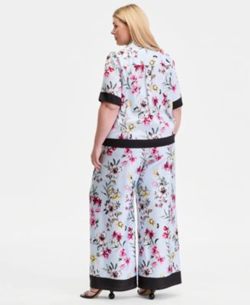 I.N.C. International Concepts Plus Size Printed Short Sleeve Button Front Shirt Printed Wide Leg Pull On Pants Macys Exclusive
