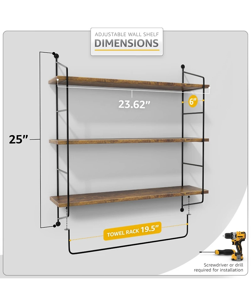Sorbus 3-Tier Wooden Floating Shelves with Metal Brackets