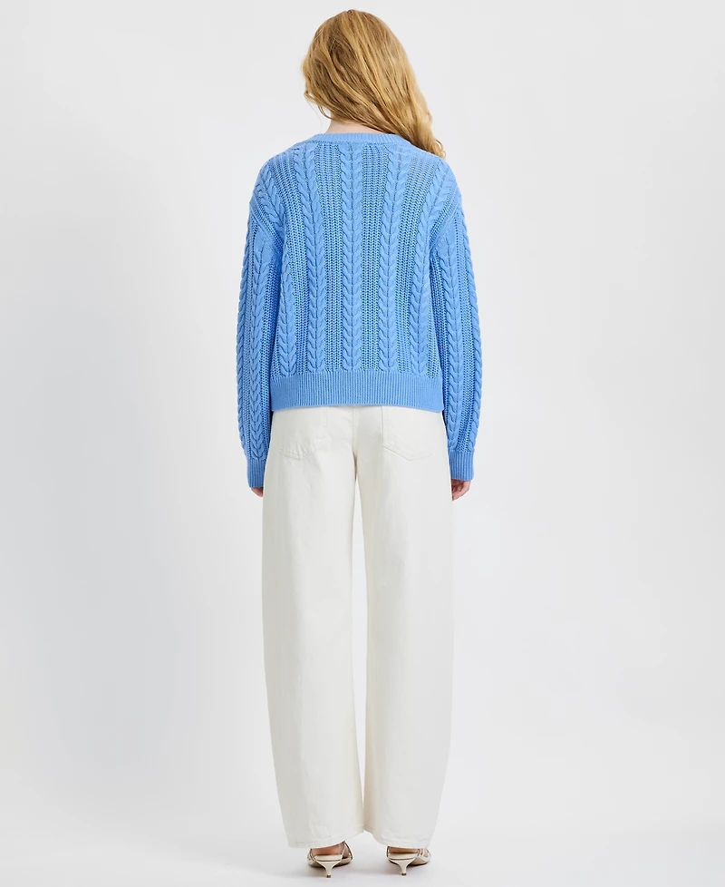 French Connection Women's Ryland Blue Cable Knit V-Neck Sweater