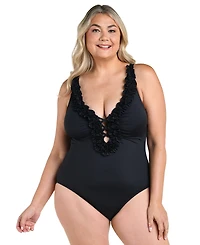La Blanca Plus Island Goddess Ruffle V-Neck One-Piece Swimsuit