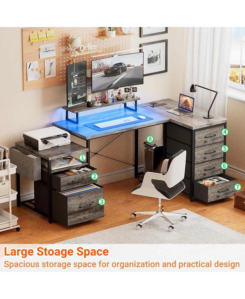 Aheaplus Reversible L Shaped Desk with 6 Drawers, 70.8'' Large Computer Outlets, Monitor Stand & Cpu