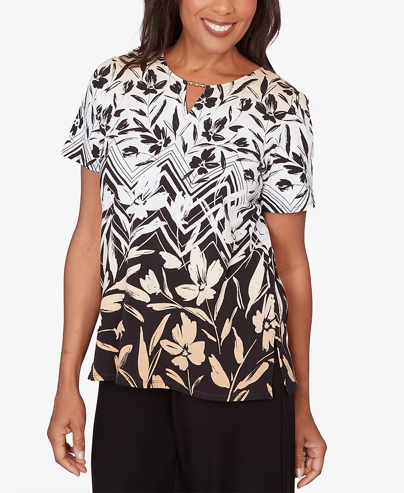 Alfred Dunner Petite Chevron Floral Ombre Print Top