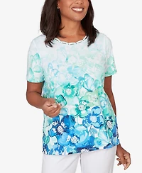 Alfred Dunner Petite Floral Ombre Embellished Neck Top