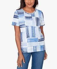 Alfred Dunner Petite Brushstroke Beaded Neck Top