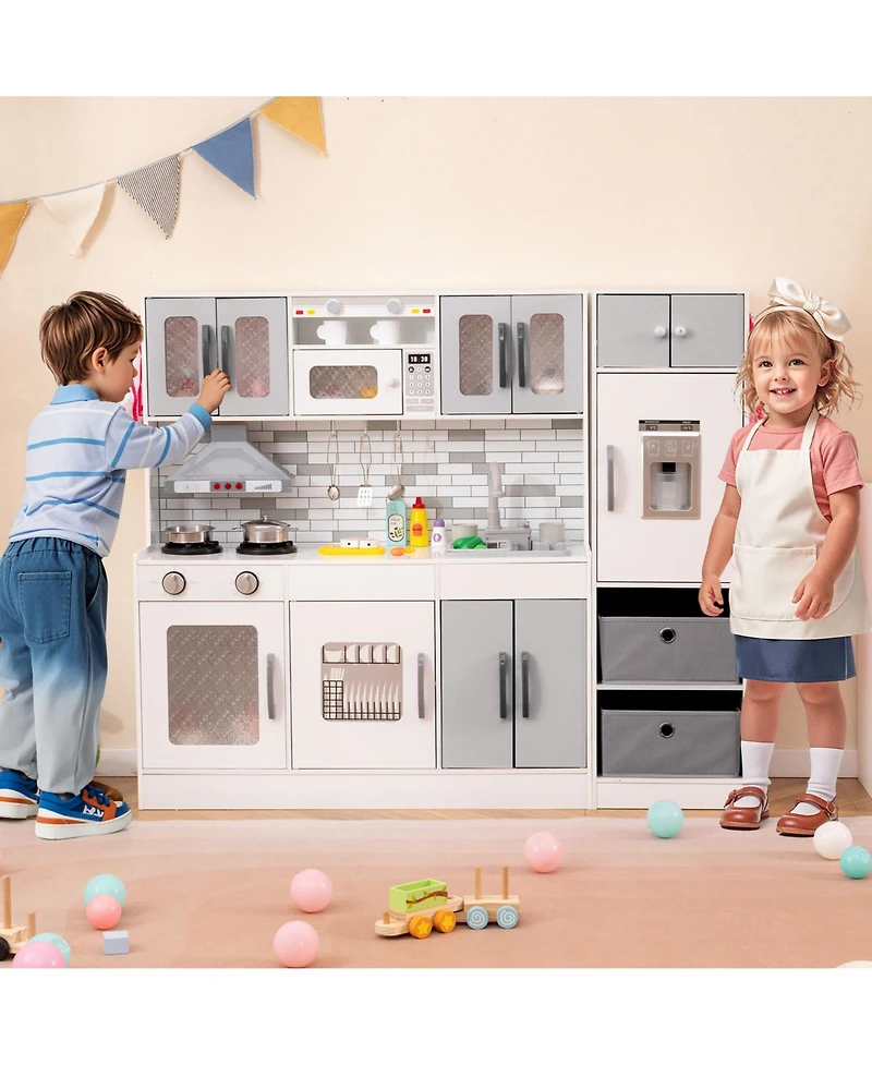 Hongge 2 Piece Wooden Kids Play Kitchen Set with Refrigerator Sink Stove and Realistic Lights and Sounds