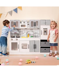 Hongge 2 Piece Wooden Kids Play Kitchen Set with Refrigerator Sink Stove and Realistic Lights and Sounds