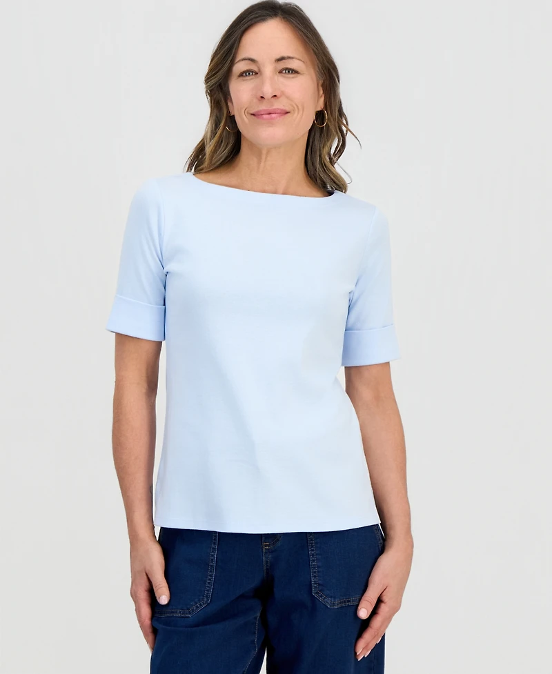 Style & Co Petite Cotton Elbow-Sleeve Boat-Neck Top, Exclusively at Macy's