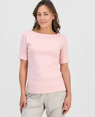 Style & Co Petite Cotton Elbow-Sleeve Boat-Neck Top, Exclusively at Macy's