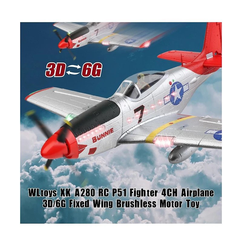 Bruce & Shark 2.4G 4-Channel P51 Rc Plane with Brushless Motor, 6G/3D Flight Modes, 6-Axis Gyro & Led Light