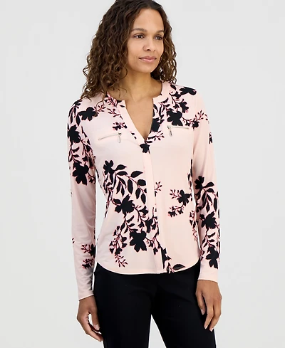Jm Collection Petite Cameron Floral Split-Neck Zip-Pocket Top, Macy's Exclusive